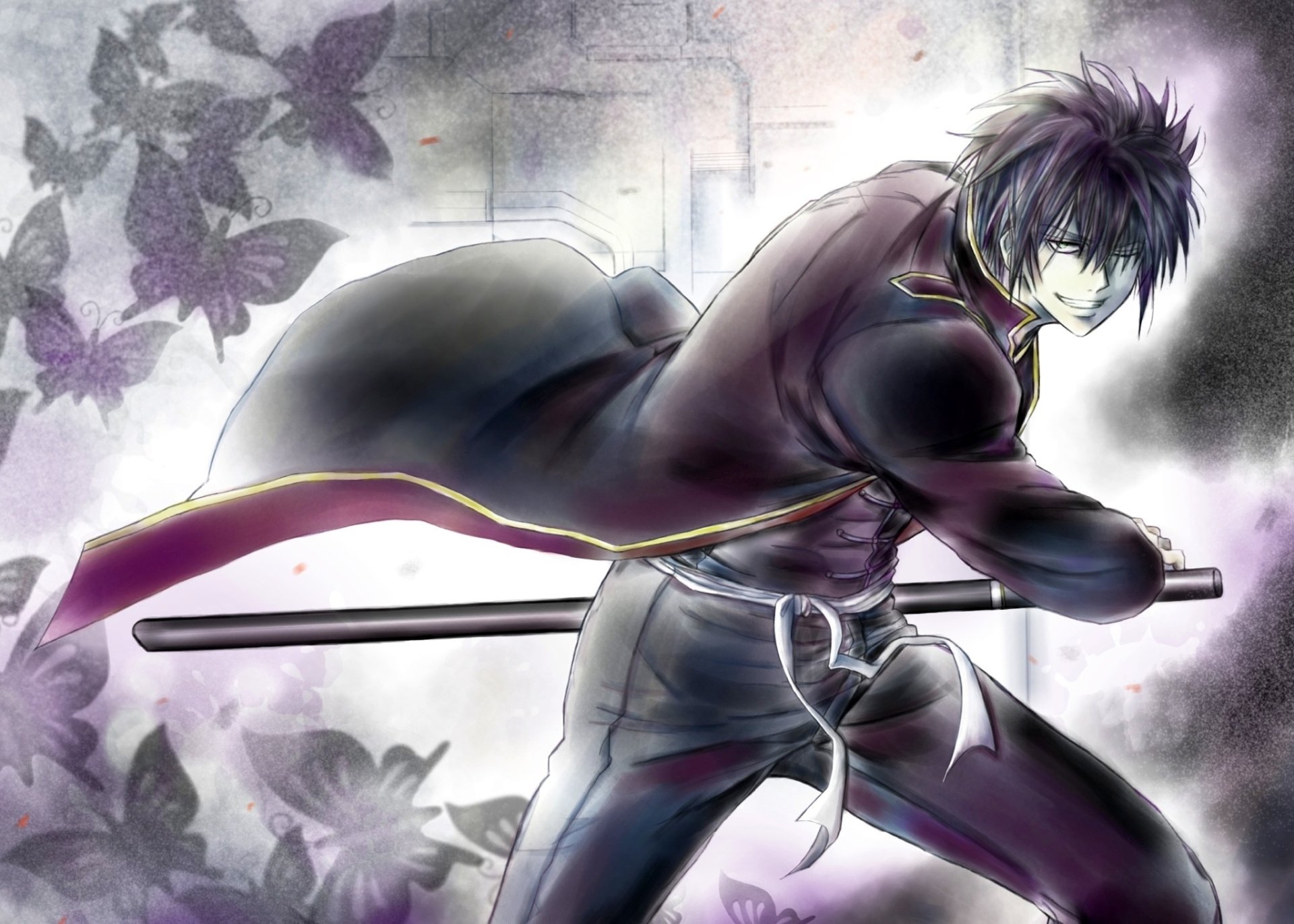 HD anime desktop wallpaper featuring Shinsuke Takasugi from Gintama, depicted in dynamic pose with sword and dark, atmospheric background.