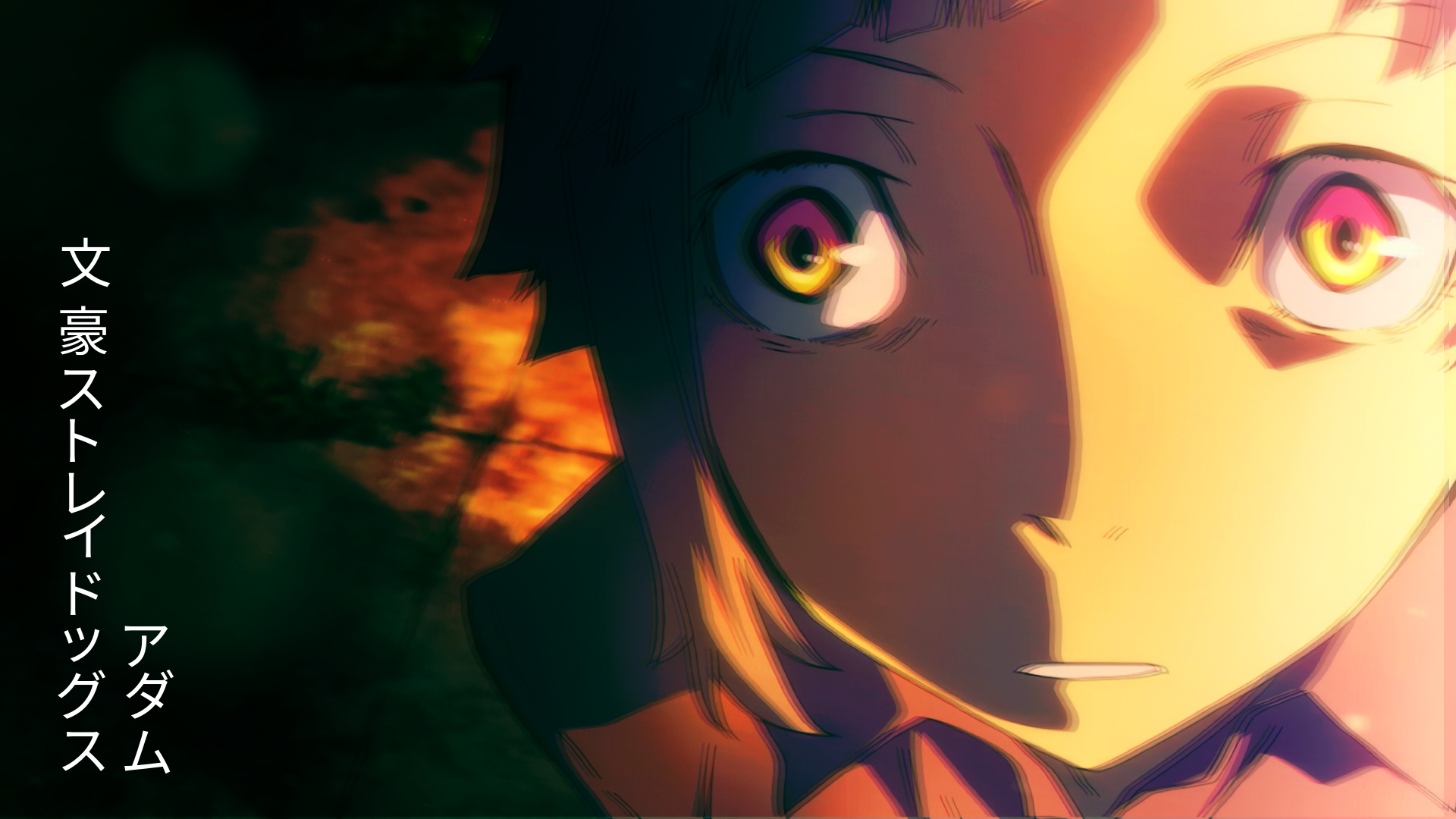HD anime desktop wallpaper featuring a close-up of a Bungou Stray Dogs character with intense eyes and dramatic lighting.