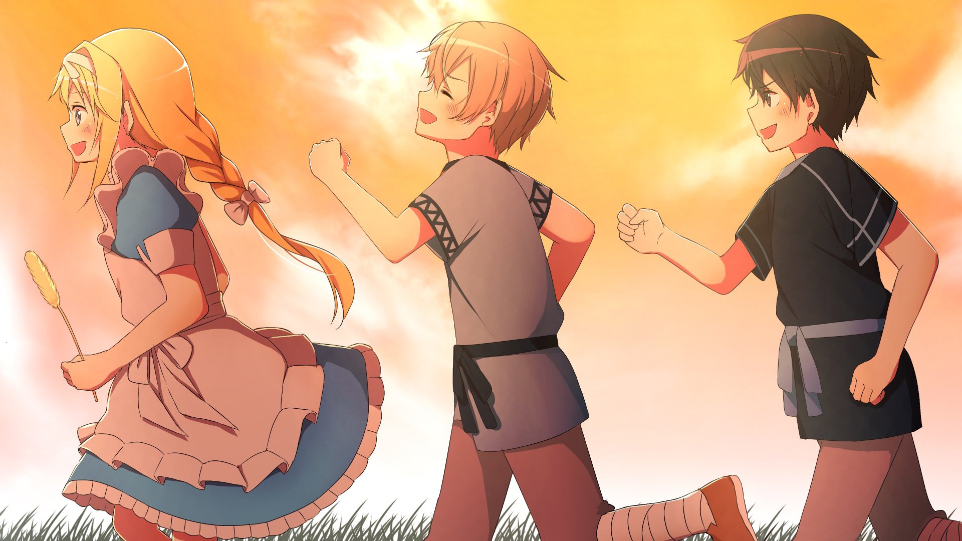 Anime characters Alice Zuberg, Eugeo, and Kirito from Sword Art Online: Alicization running joyfully under a golden sunset. Alice is ahead with blonde hair, followed by Eugeo and Kirito. 