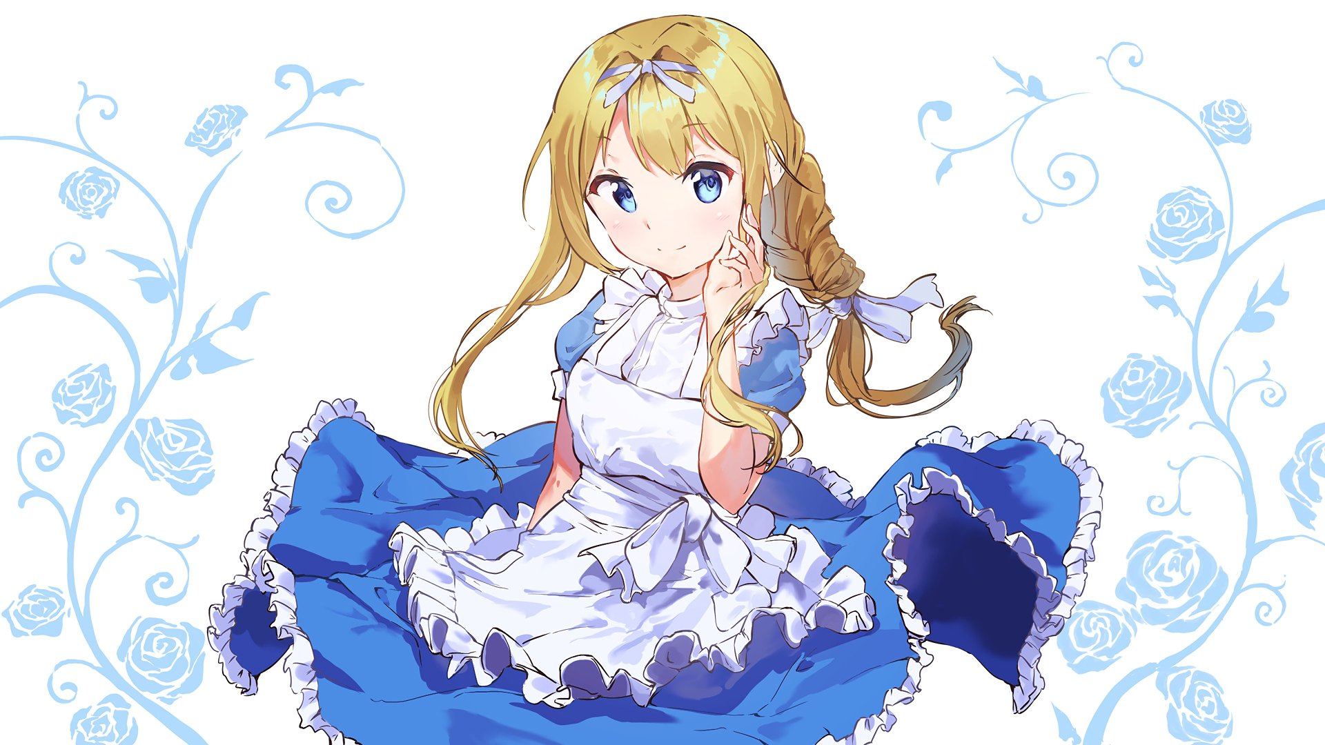 Anime character Alice Zuberg from Sword Art Online: Alicization, with blonde hair in a braid, wearing a blue dress and white apron, set against a floral blue background. This HD wallpaper features her blue eyes.