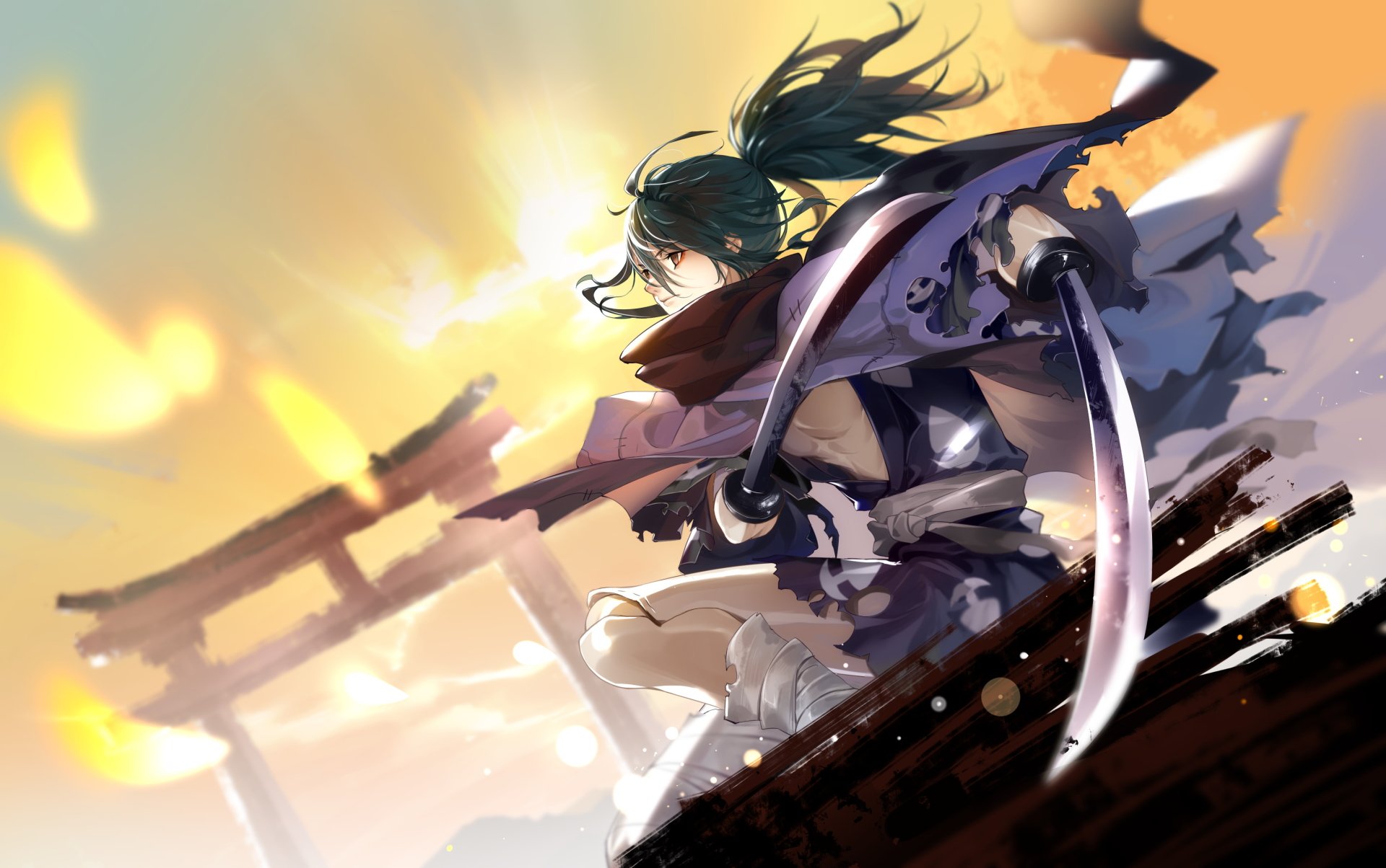 HD anime wallpaper featuring Hyakkimaru from Dororo wielding twin swords, with black hair and brown eyes against a glowing, dynamic background.