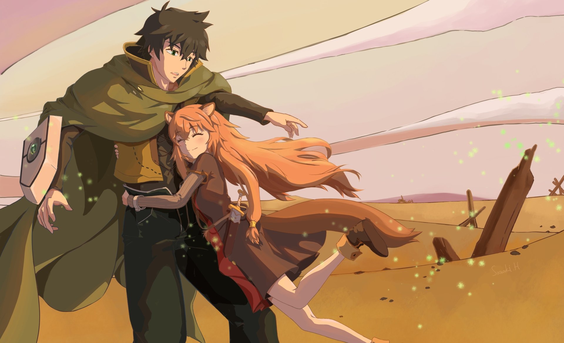 HD wallpaper of Naofumi Iwatani and Raphtalia from The Rising of the Shield Hero anime, featuring a dynamic pose in a desert-like setting.