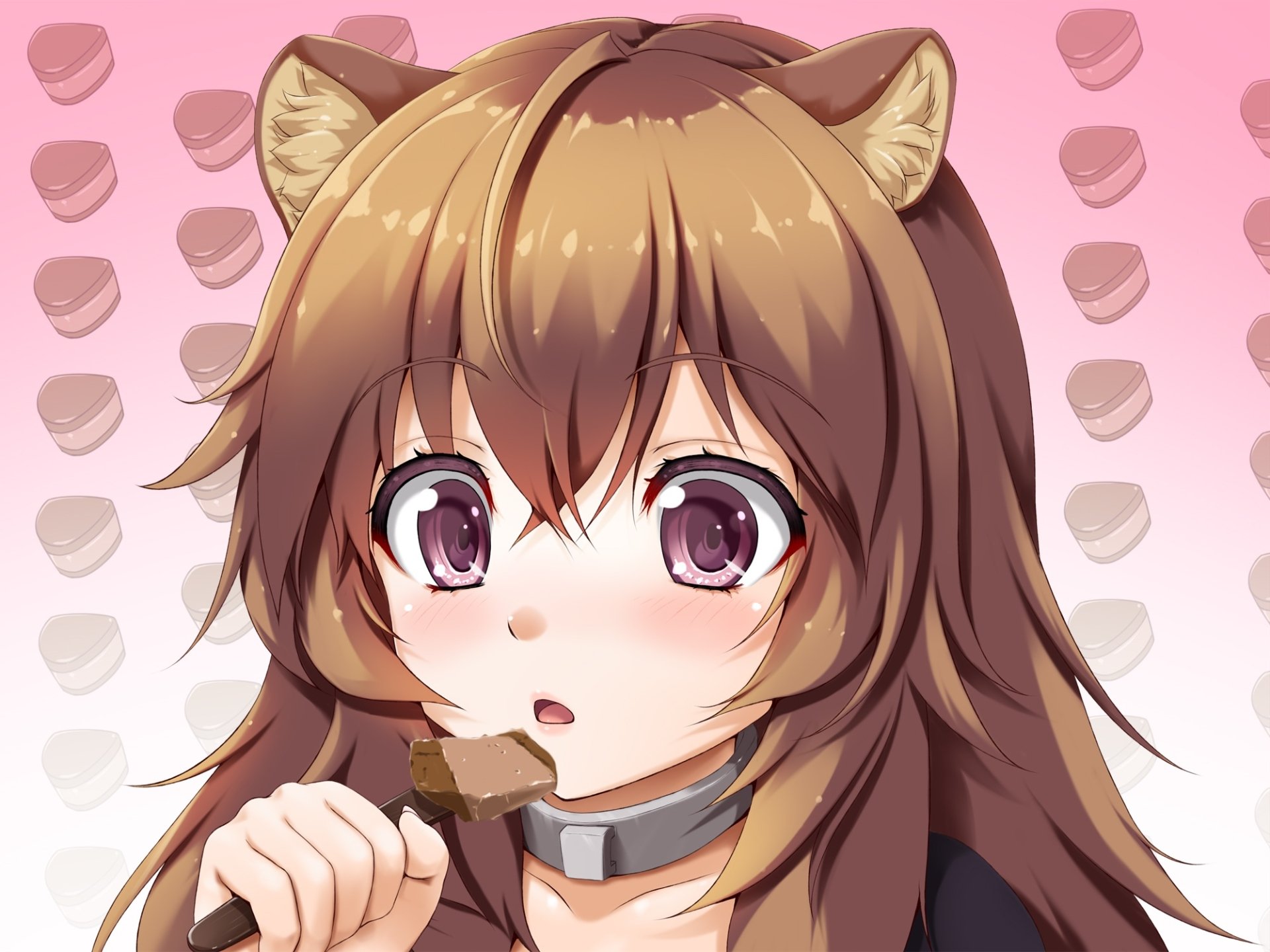 HD wallpaper featuring Raphtalia from The Rising of the Shield Hero. Raphtalia has long brown hair, animal-like ears, and wide eyes, with a shy expression against a pink and white background.