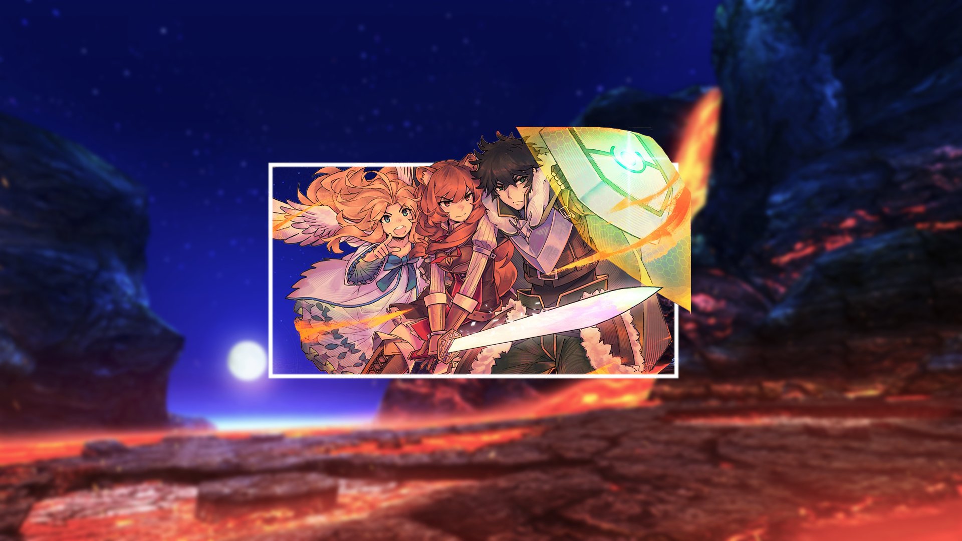 4K Ultra HD anime wallpaper featuring Naofumi Iwatani, Raphtalia, and Filo from The Rising of The Shield Hero against a vibrant, fiery landscape.