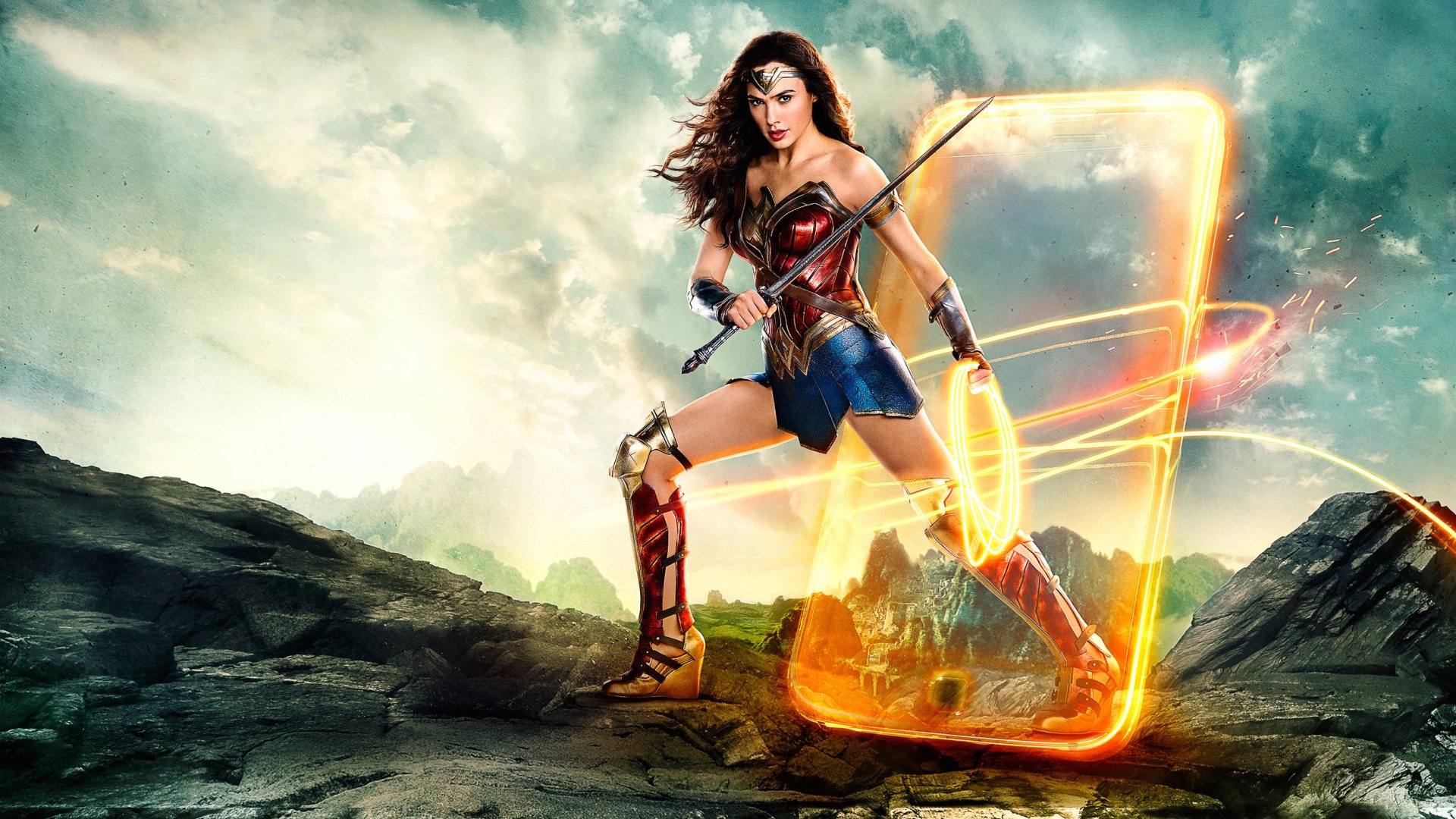 HD desktop wallpaper featuring Gal Gadot as Wonder Woman (Diana Prince) from the Justice League movie, wielding her glowing Lasso of Truth in a dramatic DC Comics scene.