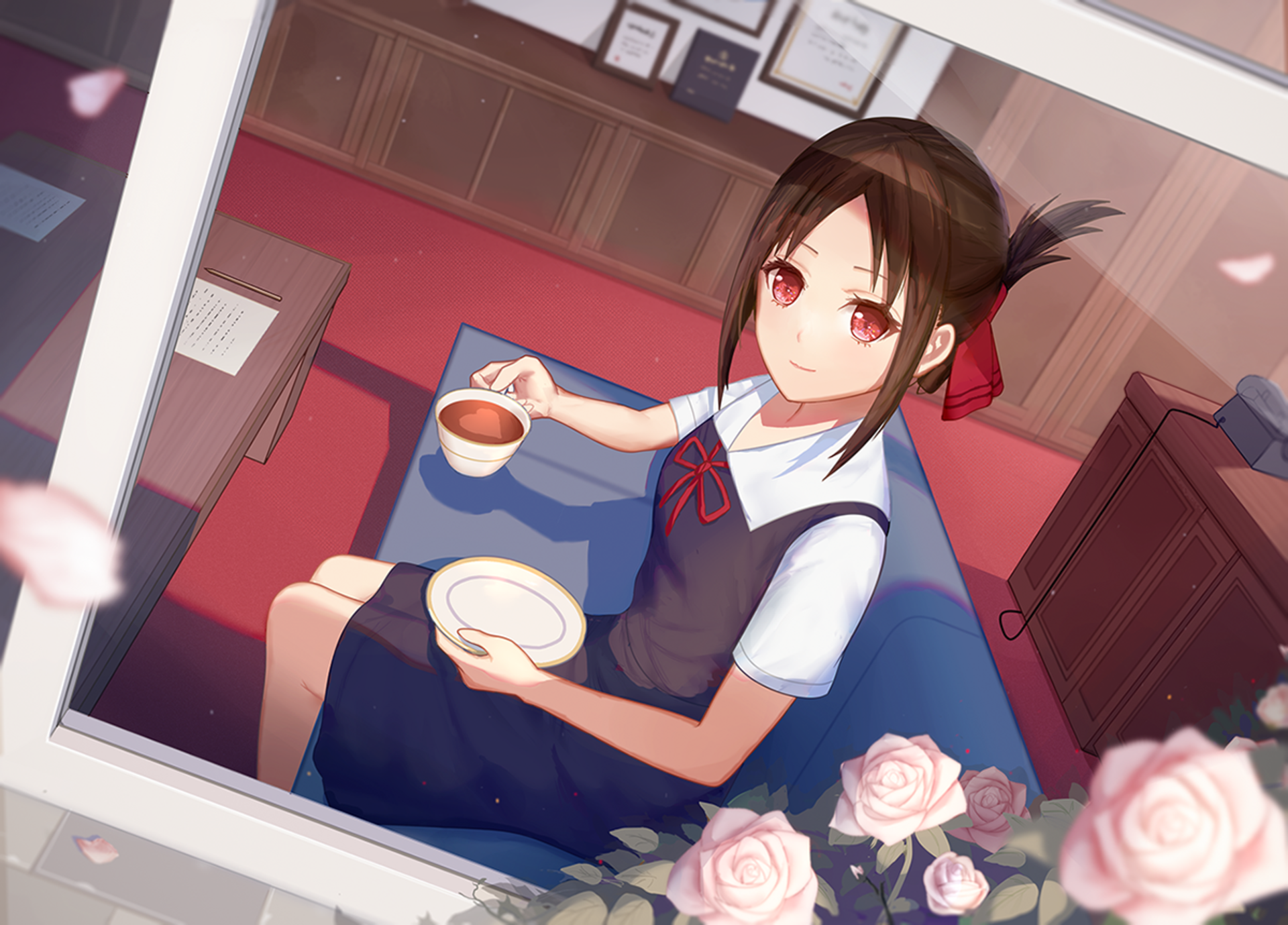 HD desktop wallpaper of Kaguya Shinomiya from Kaguya-sama: Love is War, featuring her in a black dress with short hair and red eyes, holding a cup of tea surrounded by roses.