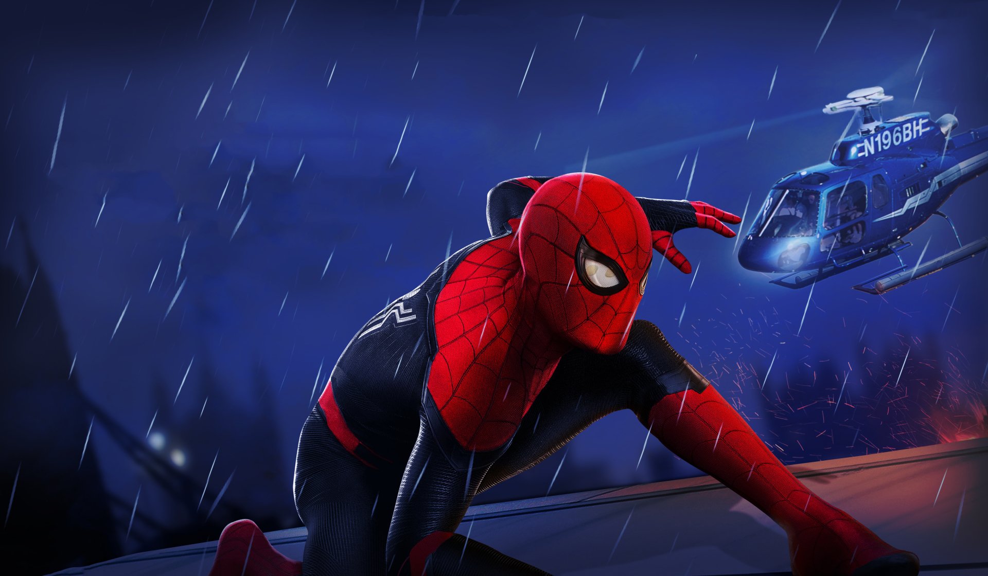Spider-Man in his black and red suit crouches on a rooftop in the rain with a helicopter in the background, a 4K Ultra HD wallpaper from Spider-Man: Far From Home.