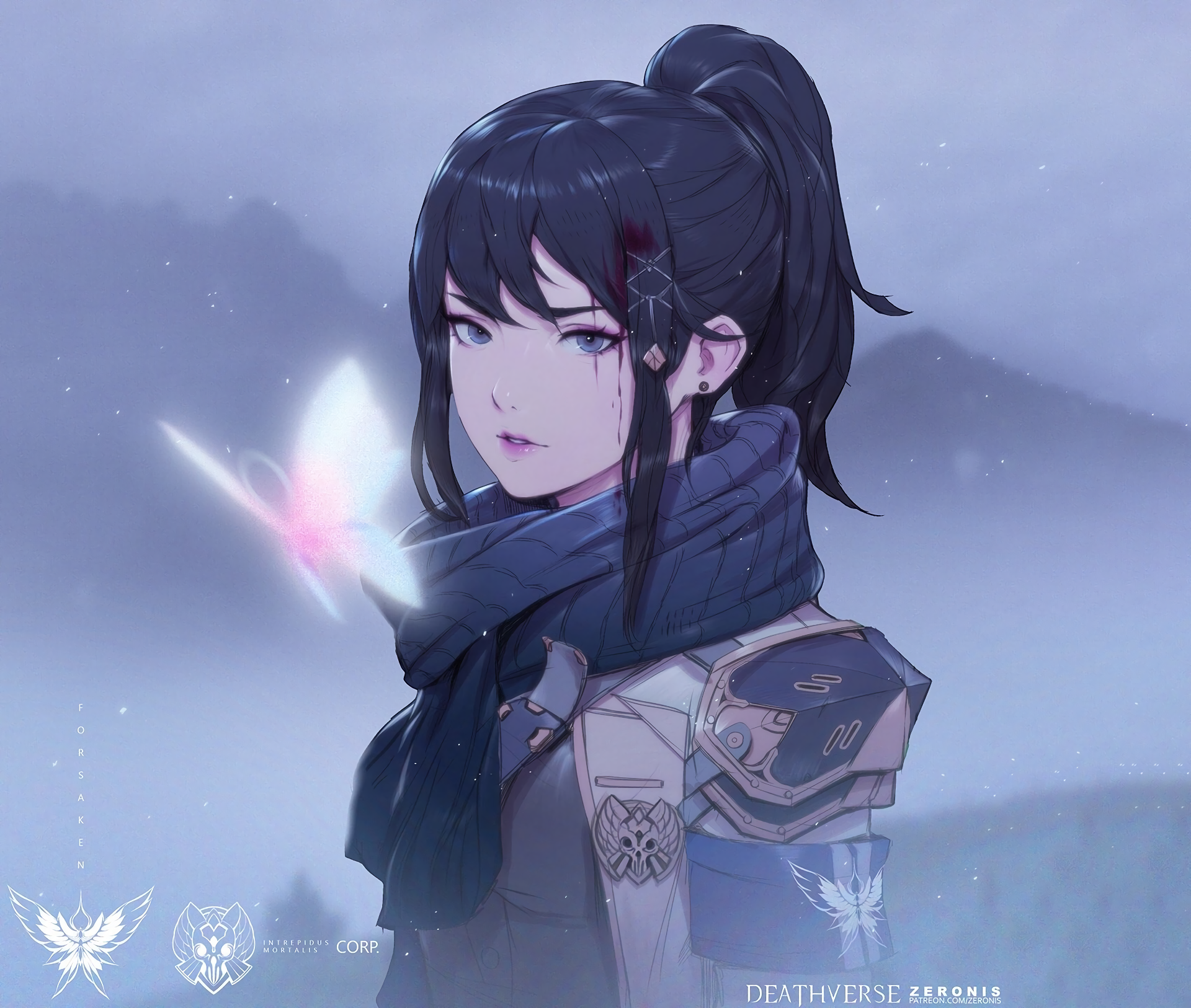HD anime-style original artwork of a contemplative girl with dark hair and armor, surrounded by a soft, snowy background and a glowing butterfly, designed as a PC desktop wallpaper.