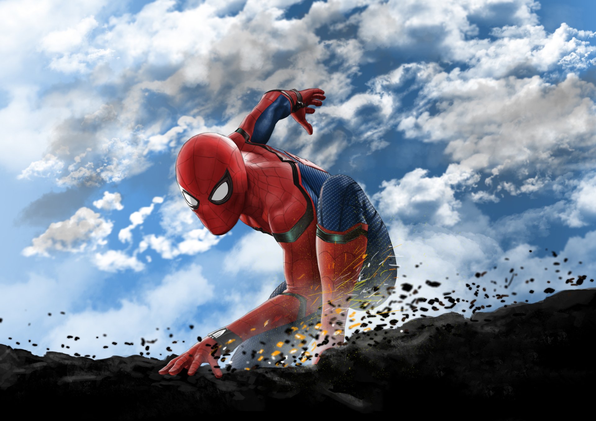 HD PC desktop wallpaper featuring Spider-Man from the movie Spider-Man: Homecoming in a dynamic pose against a cloudy sky backdrop.