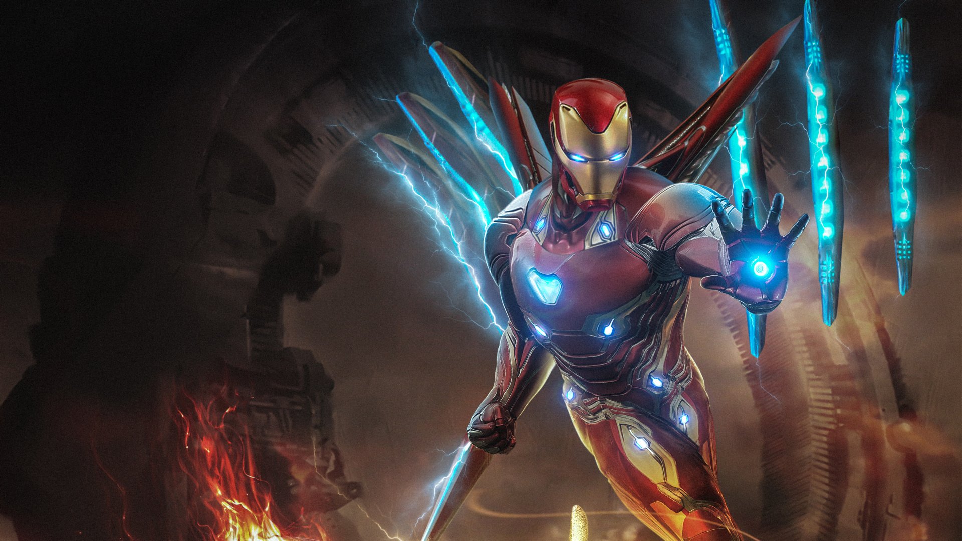 HD PC desktop wallpaper featuring Iron Man from Avengers EndGame, depicted in dynamic action with glowing armor and energy effects.