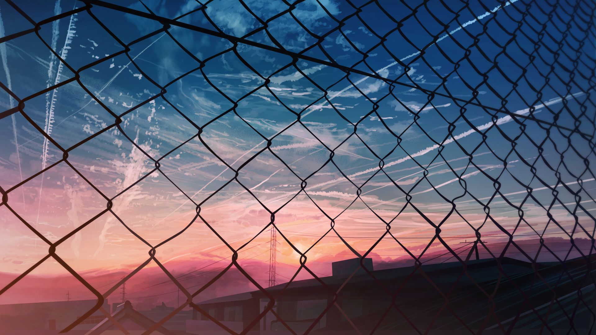 Anime style HD desktop wallpaper featuring a vibrant sunset sky seen through a chain-link fence.