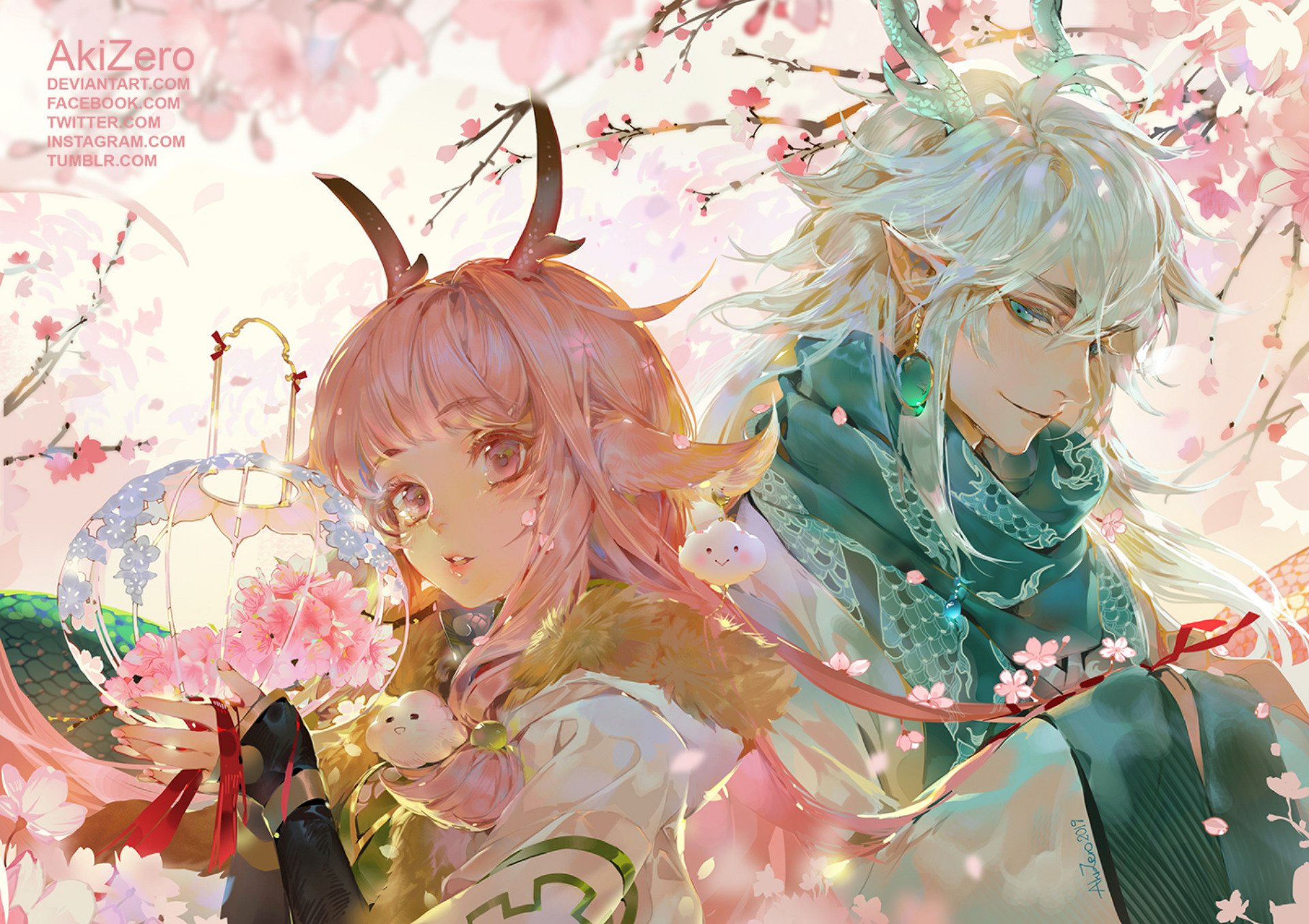 Anime-style HD desktop wallpaper featuring two original characters surrounded by blooming cherry blossoms in soft, vibrant colors and detailed artwork.