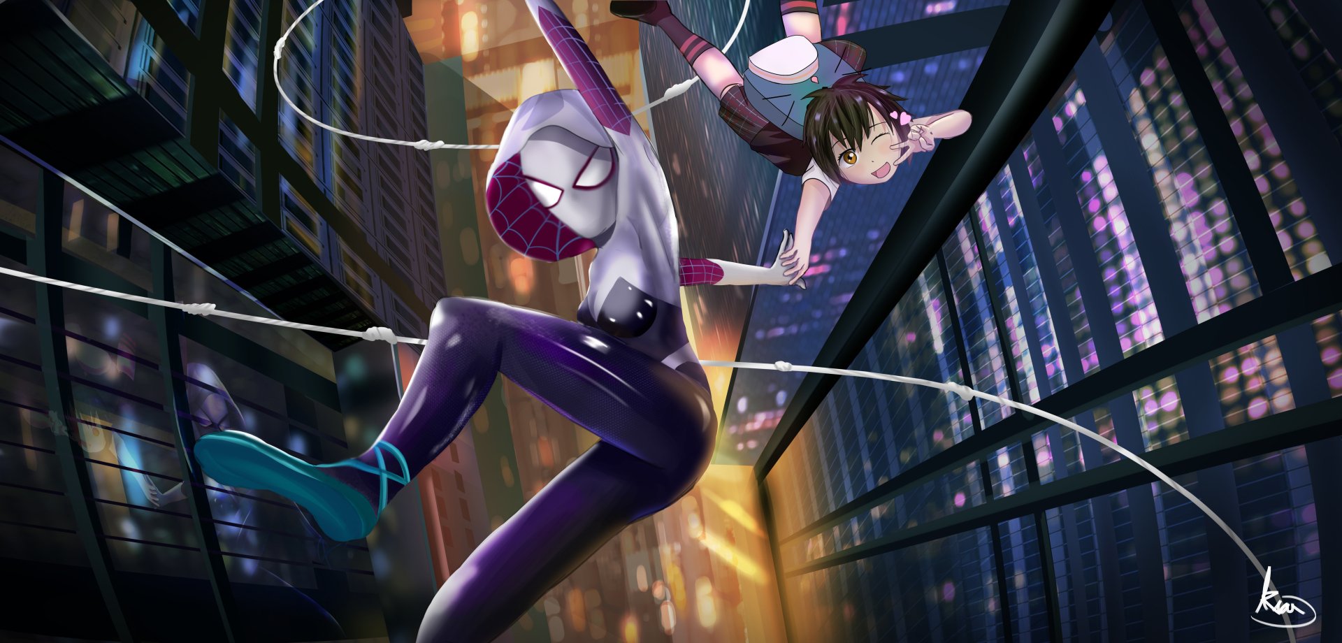 Peni Parker and Spider-Gwen swing between neon-lit skyscrapers in a stylized Spider-Man: Into the Spider-Verse 5K Ultra HD PC wallpaper.