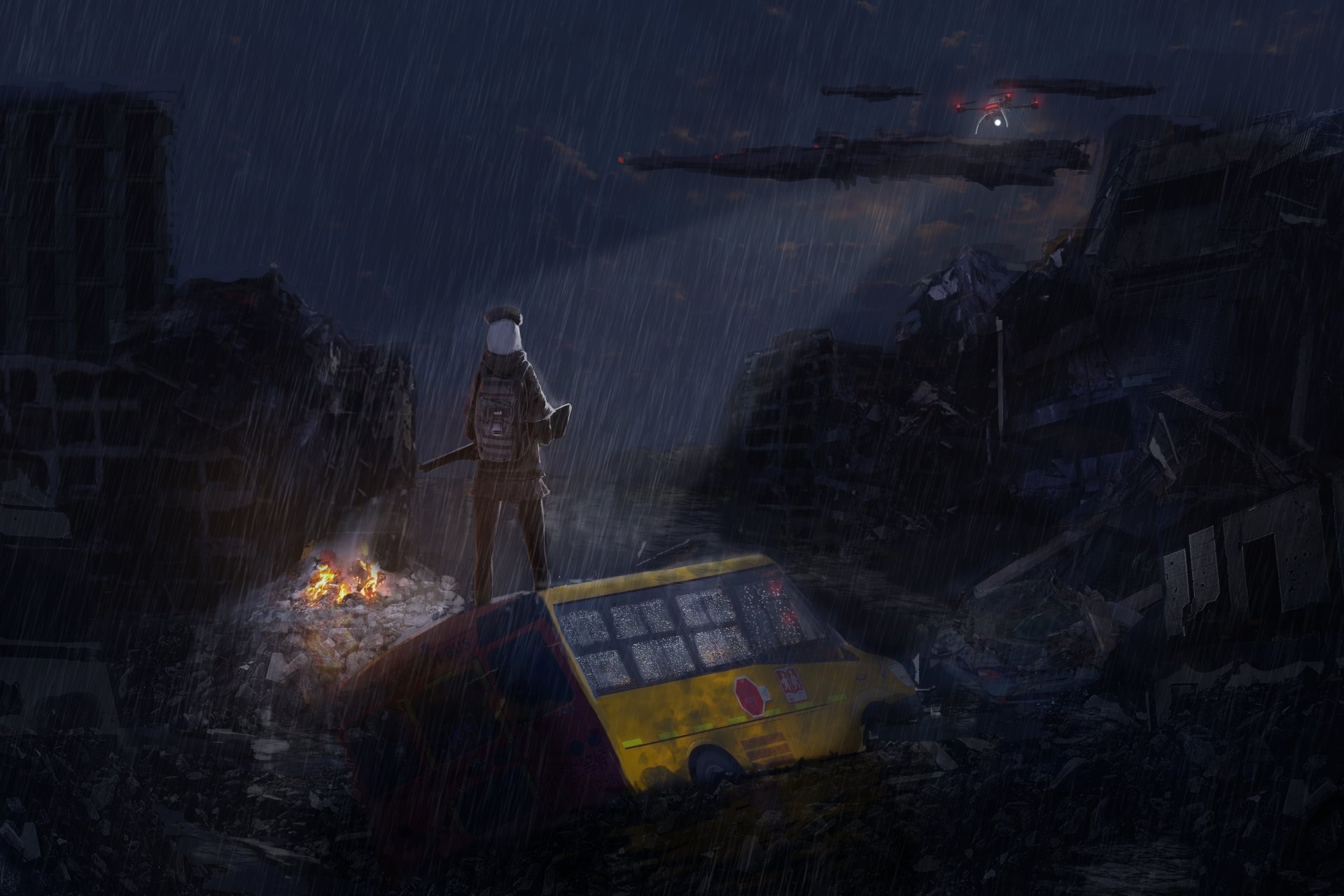 HD desktop wallpaper of an anime soldier holding a gun amidst a post-apocalyptic landscape at night, with a crashed bus and distant fires illuminating the scene.