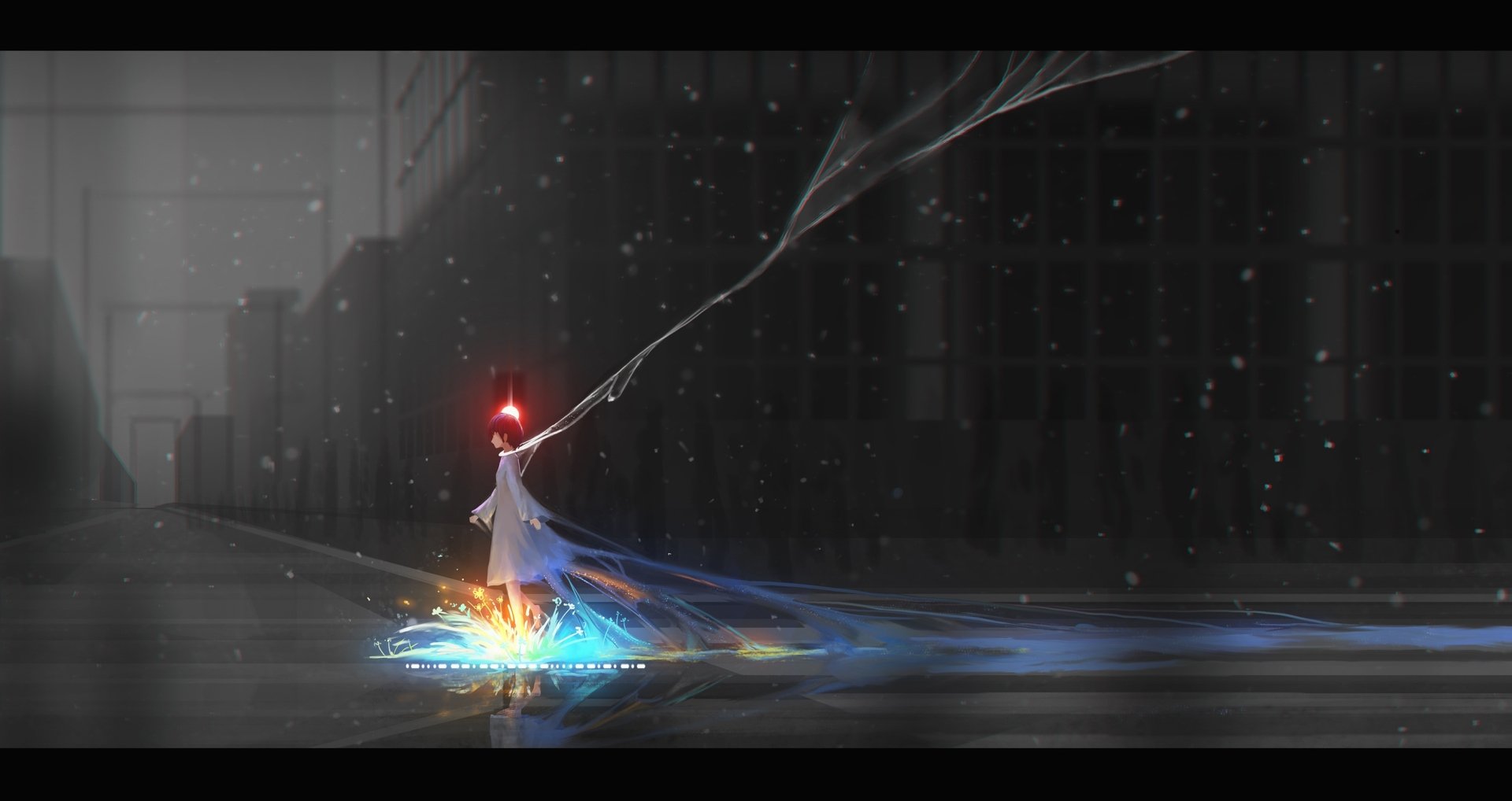 HD anime original desktop wallpaper featuring a glowing figure standing on water, emitting vibrant blue and orange light trails in a dark, rainy urban setting.