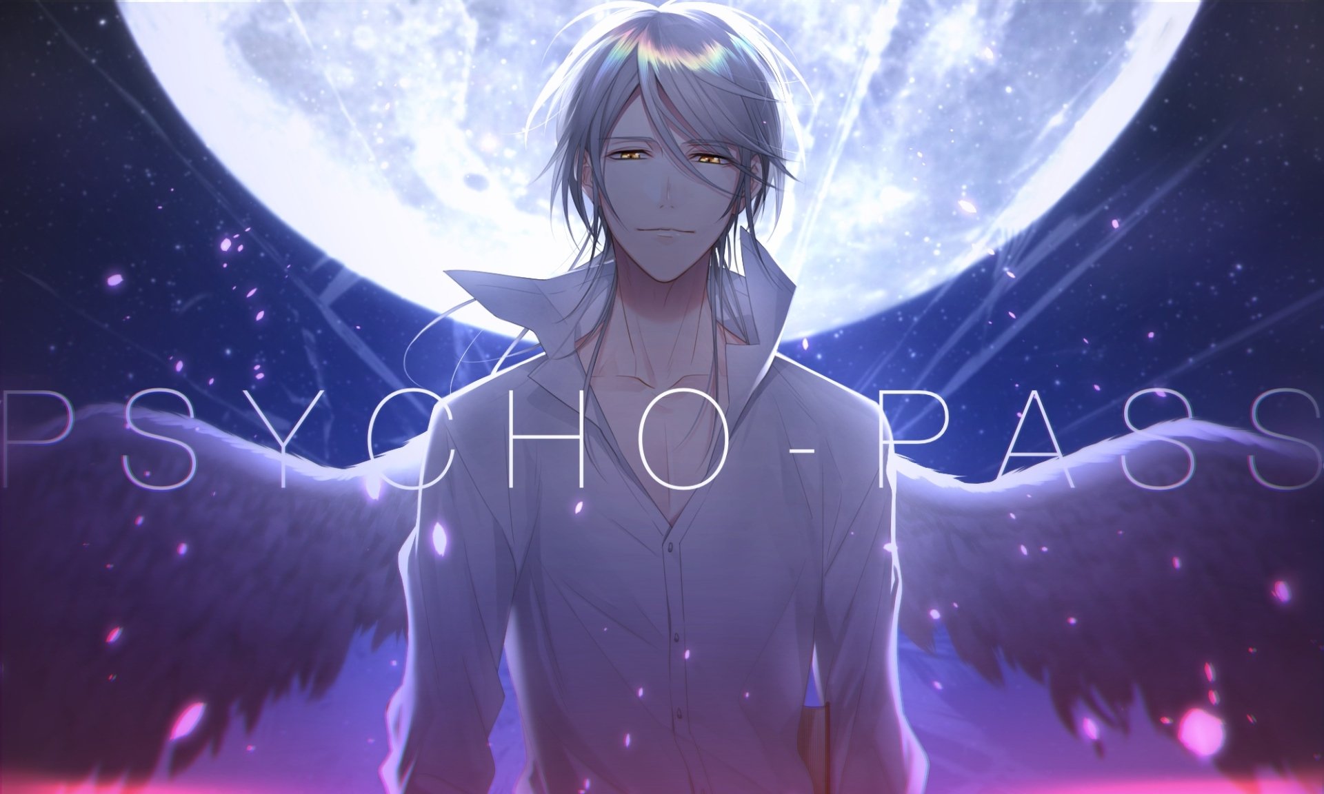 Shougo Makishima from Psycho-Pass stands under a glowing full moon with purple accents, featured in this HD anime desktop wallpaper.