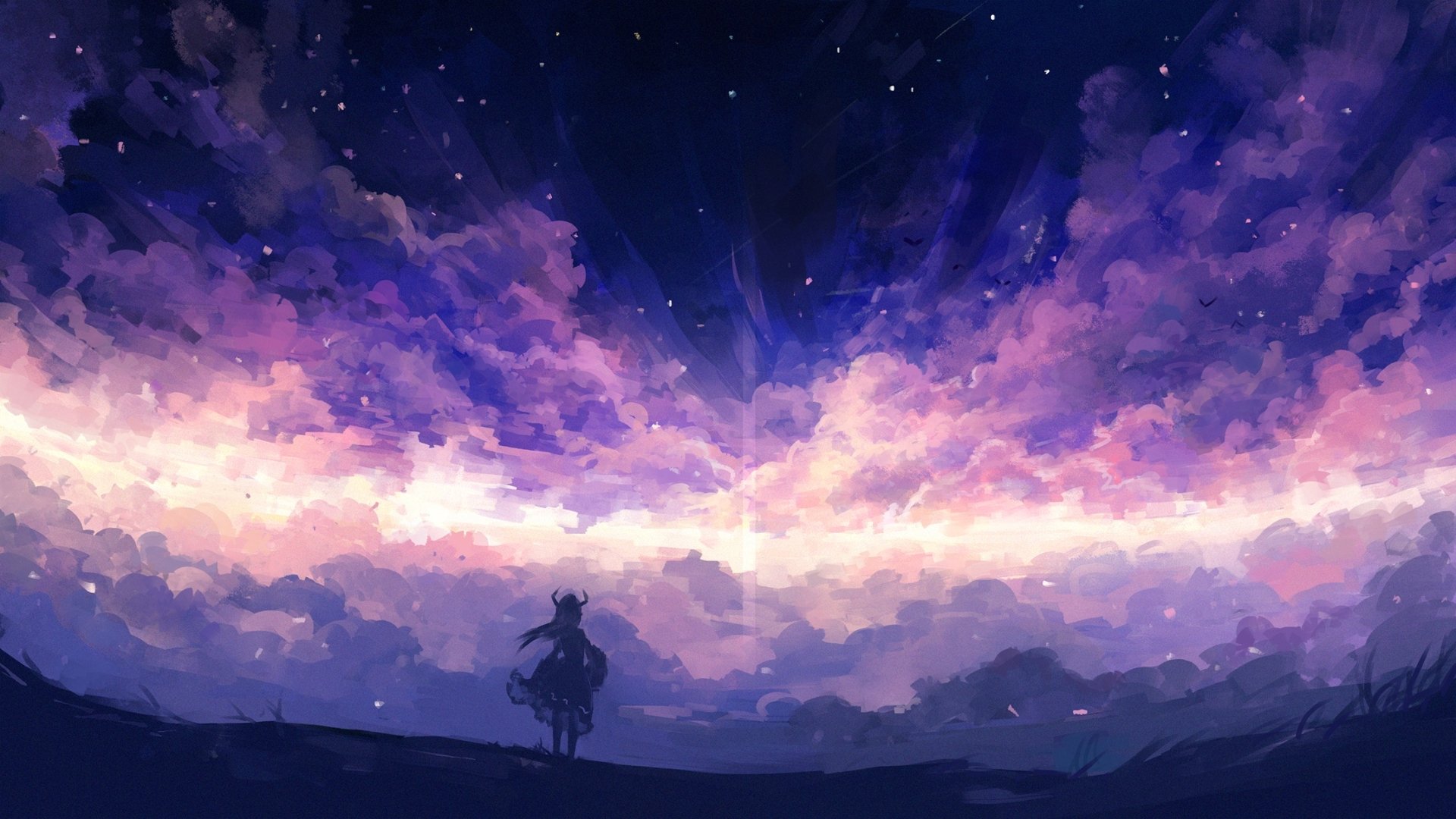 Anime-style HD PC desktop wallpaper featuring a lone figure under a vast, vibrant sky with glowing clouds and stars, capturing a serene and dreamy atmosphere.