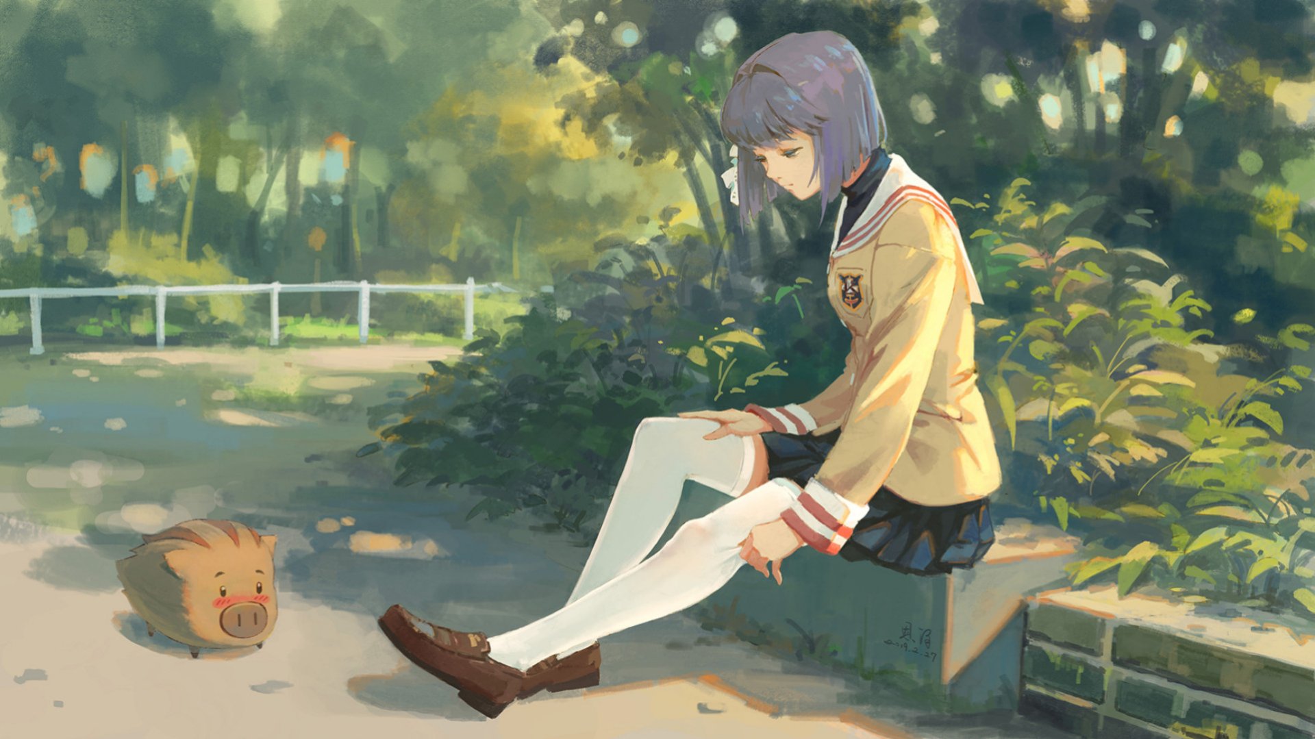 HD anime wallpaper featuring Ryou Fujibayashi from Clannad, sitting thoughtfully on a stone bench in a sunlit park with soft greenery in the background.