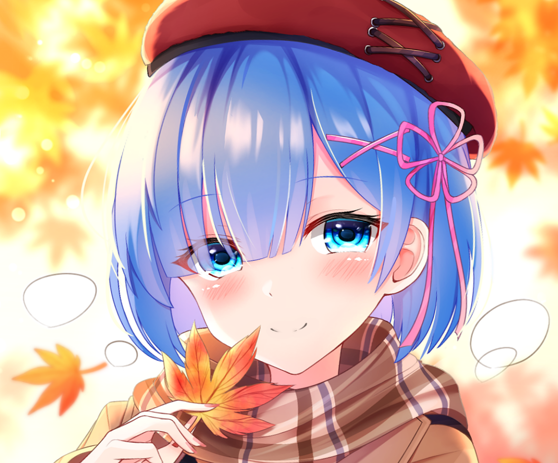 HD PC desktop wallpaper featuring Rem from the anime Re:Zero - Starting Life in Another World, with autumn leaves and warm, glowing background tones.