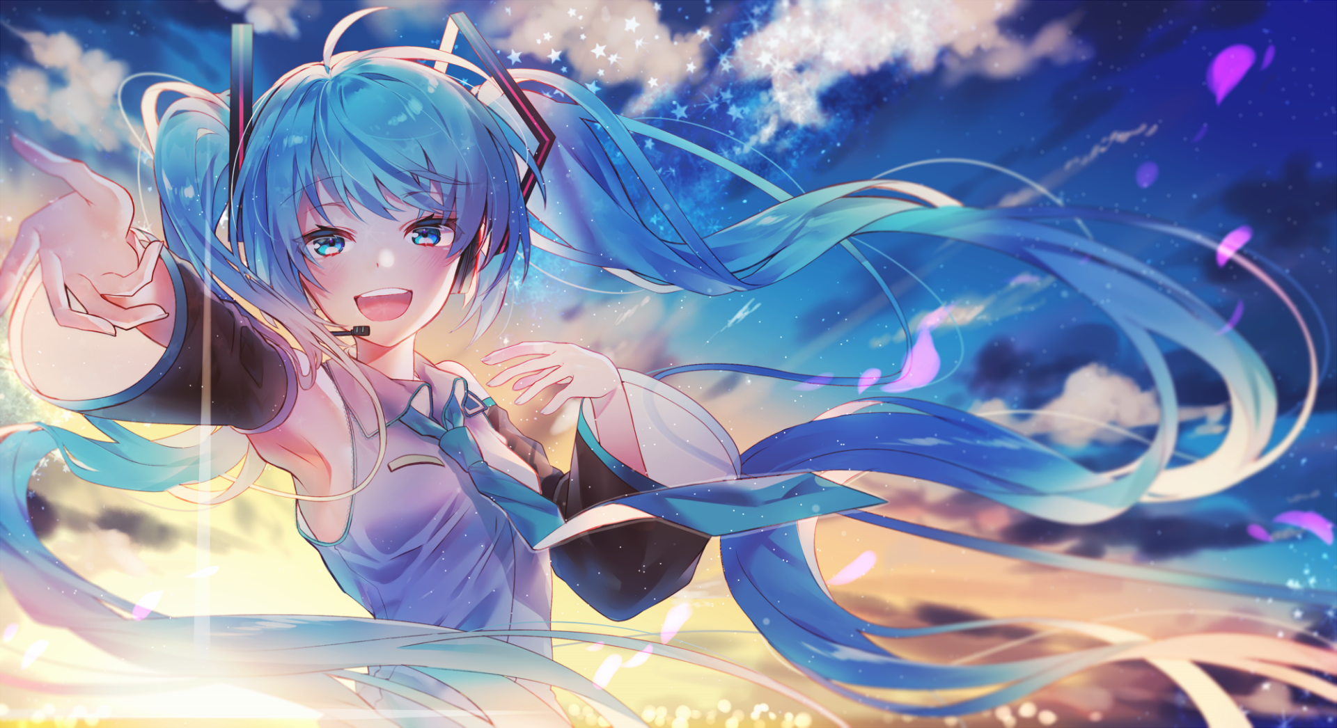 Anime-style HD desktop wallpaper of Hatsune Miku with long blue twintails, blue eyes, and blush, smiling against a vibrant sky background with flowing hair and petals.