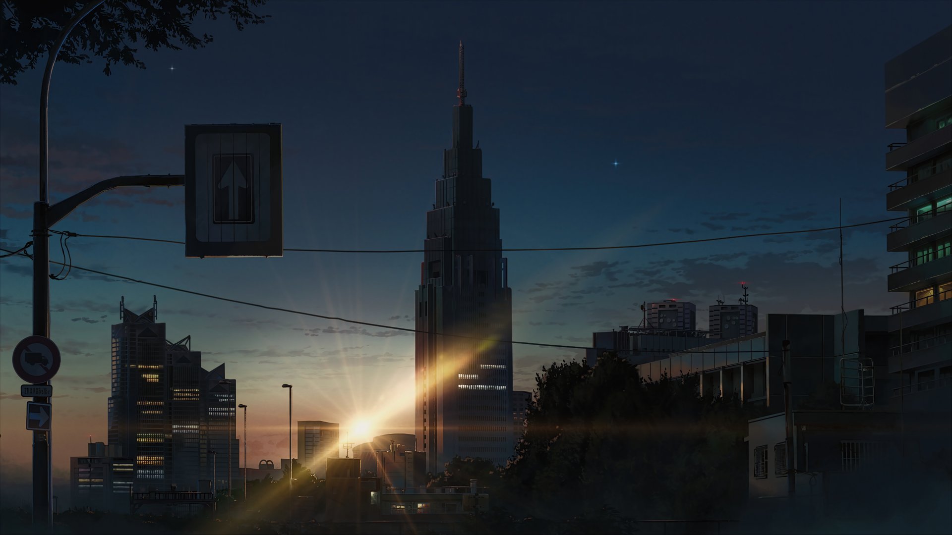 Anime-style Your Name. cityscape at dusk, sun flare breaking behind a towering central skyscraper, silhouetted buildings and power lines — 8K Ultra HD PC desktop wallpaper and background.