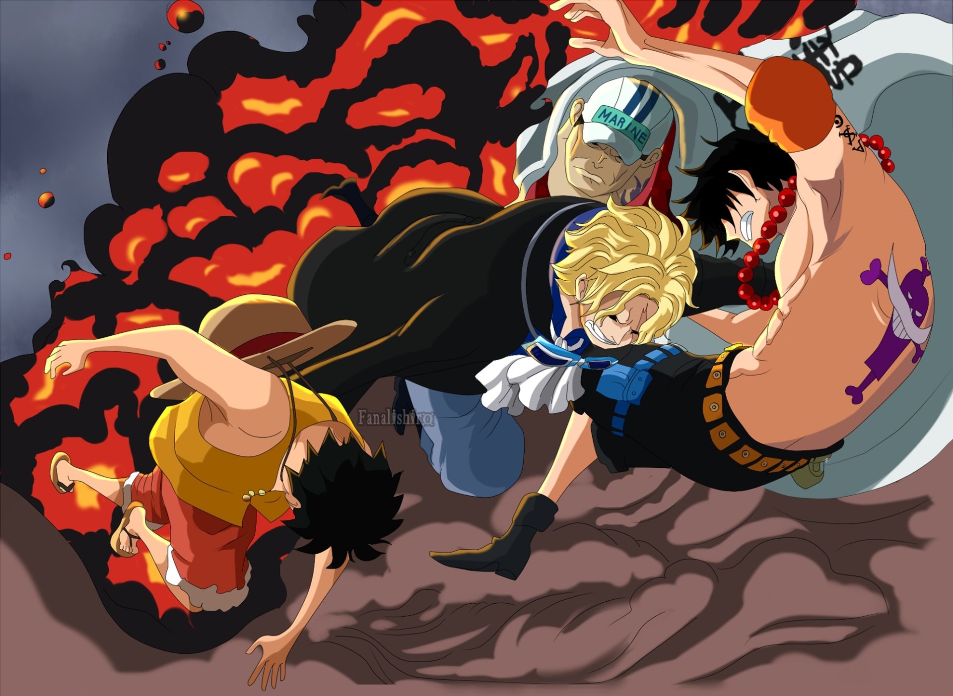 HD anime wallpaper featuring Sabo, Portgas D. Ace, and Monkey D. Luffy from One Piece in dynamic action poses against a fiery background.