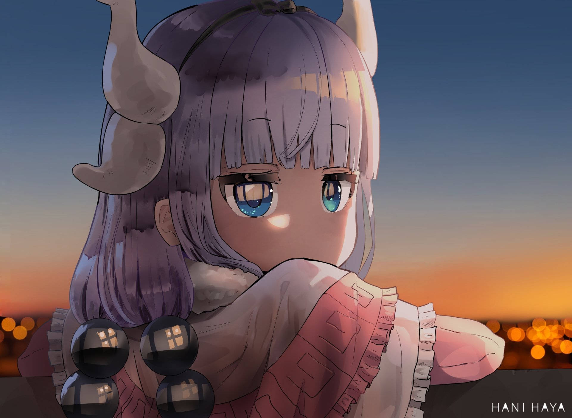 HD PC desktop wallpaper featuring Kanna Kamui from the anime Miss Kobayashi's Dragon Maid, showcasing her with a serene sunset backdrop.