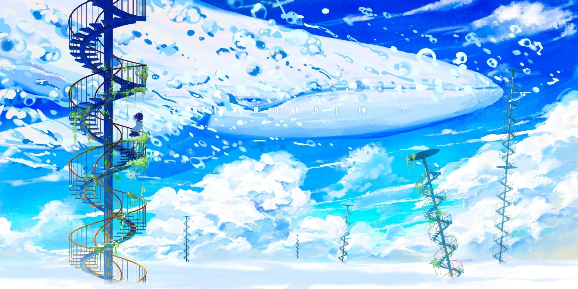 An HD anime-inspired wallpaper featuring a serene underwater scene with a large whale swimming beneath clouds, colorful spiraling structures, and bubbles in a vibrant blue background.