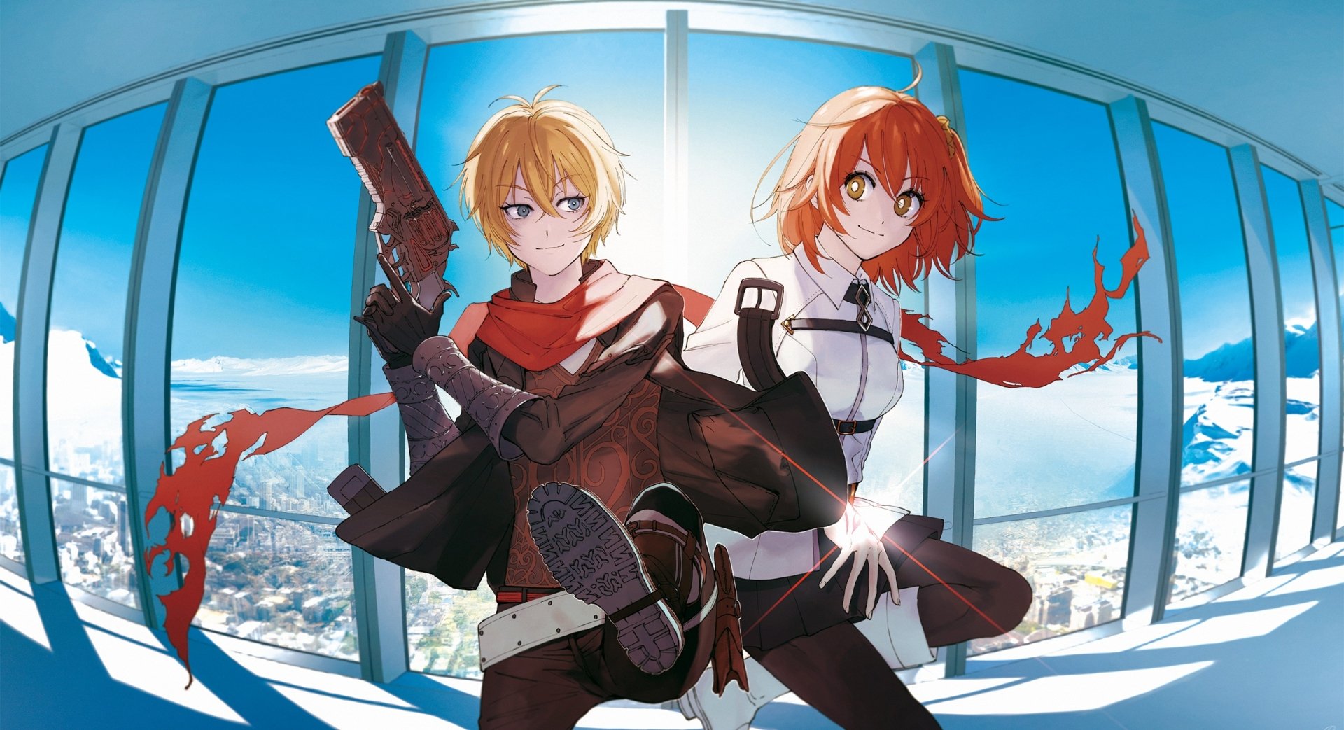 HD PC desktop anime wallpaper of Billy the Kid (Fate/Grand Order) and Ritsuka Fujimaru posing by a panoramic window with bright sky and cityscape beyond.