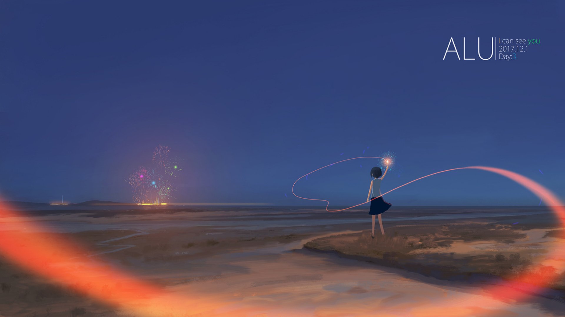 Anime-style original HD desktop wallpaper depicting a solitary character standing on a beach at dusk with fireworks in the distance and glowing light trails.