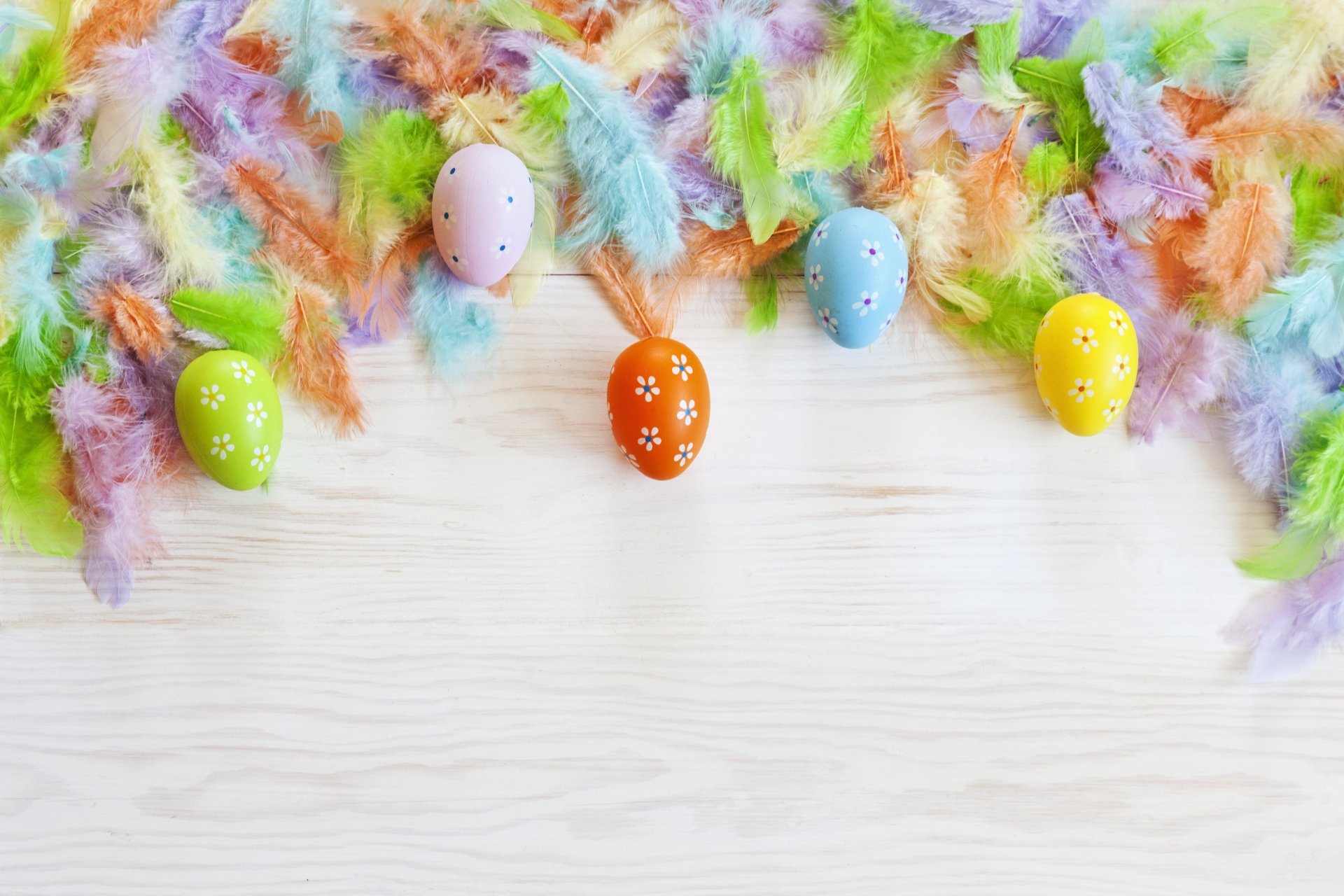 5K Ultra HD PC desktop wallpaper and background: pastel feathers frame the top with colorful Easter eggs on a light wood surface, holiday Easter motif.