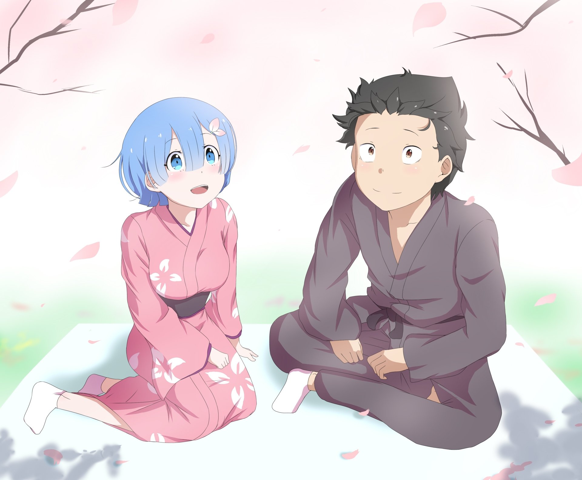 Rem and Subaru Natsuki from Re:Zero sit under falling cherry blossoms in kimonos, soft pastel tones — 4K Ultra HD PC desktop wallpaper.