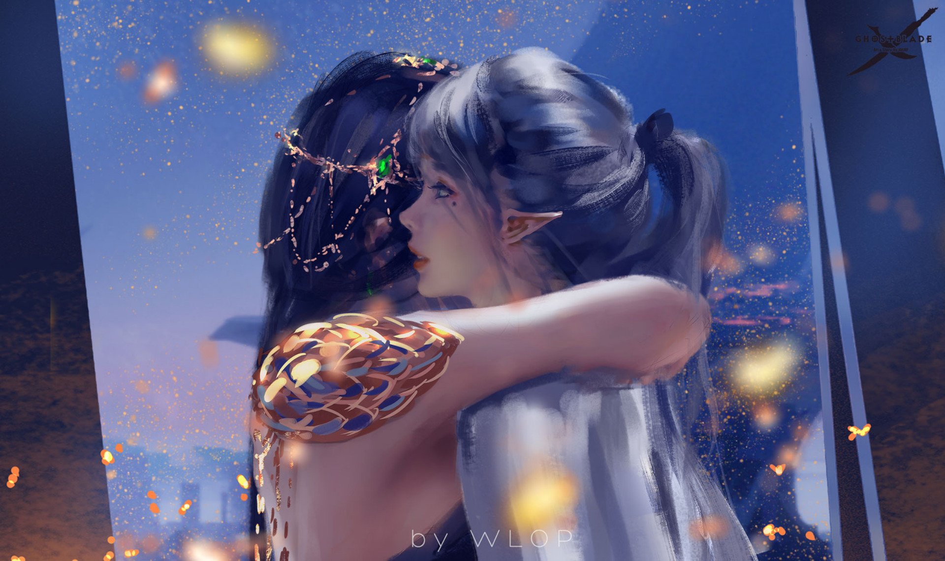 HD PC desktop wallpaper featuring a tender embrace between two characters from the GhostBlade comic, set against a glowing, starry night background.