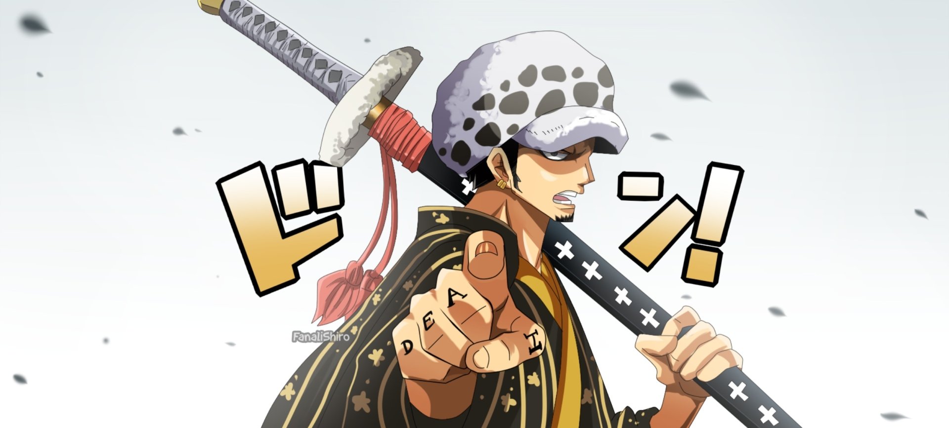 HD PC desktop wallpaper featuring Trafalgar Law from the anime One Piece, showcasing the character in a dynamic pose with his sword and signature hat.