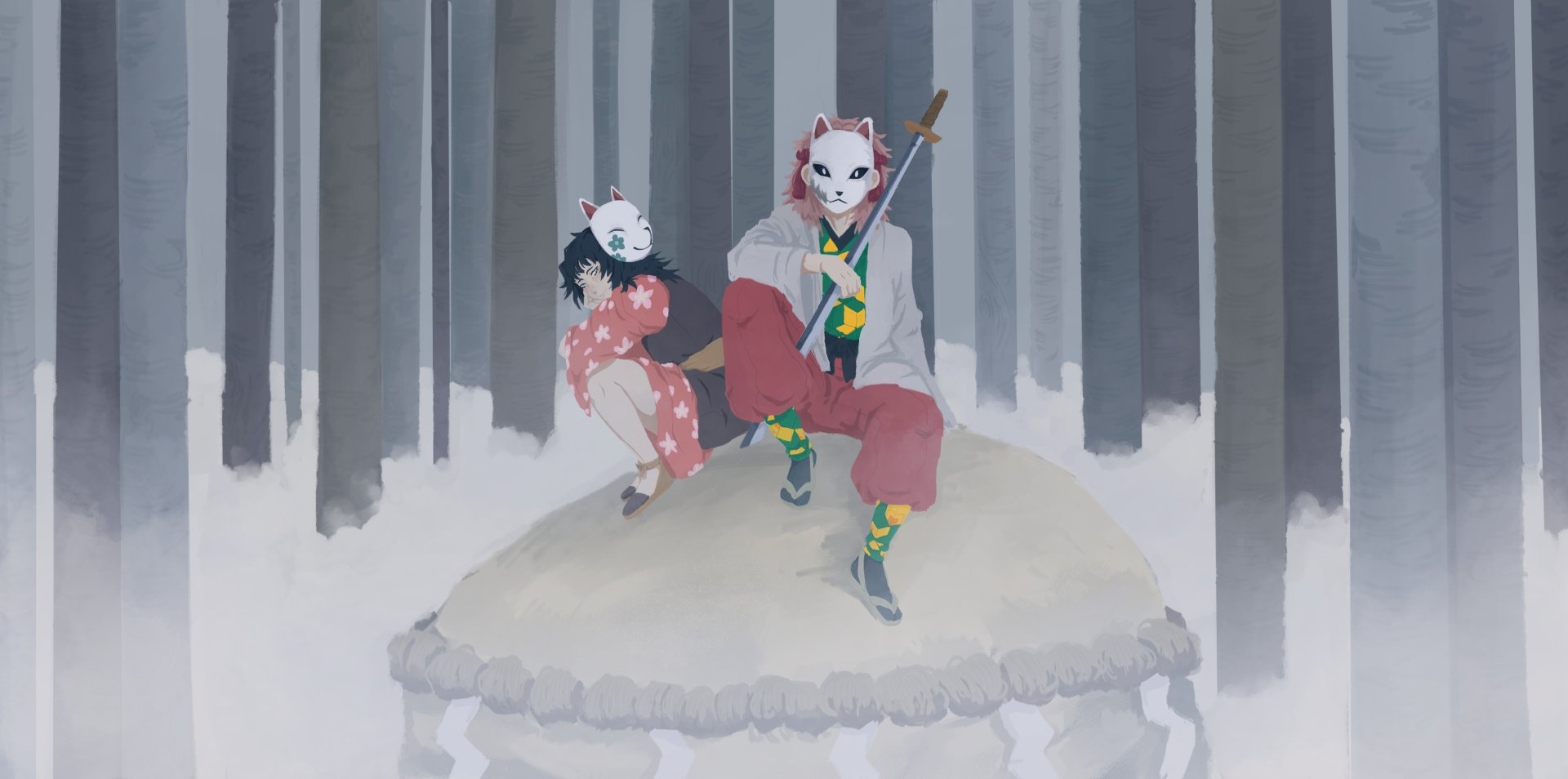 4K Ultra HD wallpaper featuring Sabito and Makomo from the anime Demon Slayer: Kimetsu no Yaiba, set in a misty forest with muted tones.