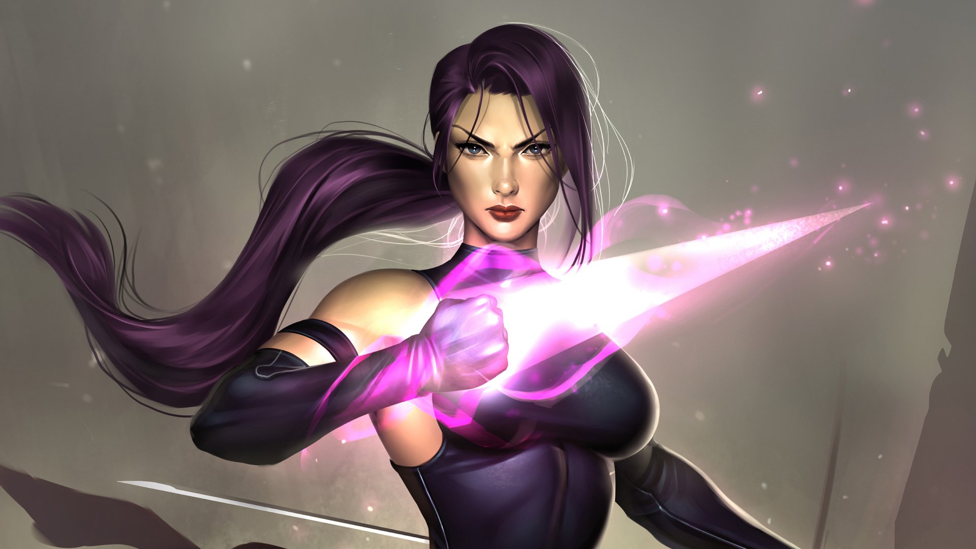HD PC desktop wallpaper featuring Psylocke from Marvel Comics with striking blue eyes and flowing purple hair, wielding her iconic glowing psychic blade.