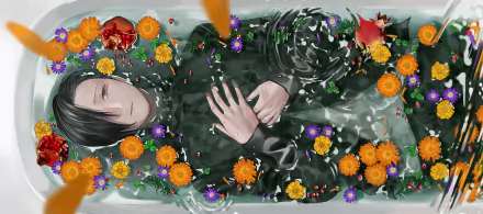 HD PC desktop wallpaper featuring Junpei Yoshino from the anime Jujutsu Kaisen, lying peacefully surrounded by vibrant orange and purple flowers.