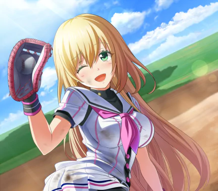 Anime HD desktop wallpaper featuring Yuuki Nozaki from Hachigatsu no Cinderella Nine, smiling and posing with a baseball glove on a sunny field background.