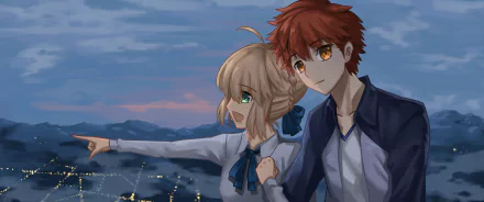 HD anime desktop wallpaper featuring Shirou Emiya and Saber (Artoria Pendragon) from Fate/Stay Night against a twilight cityscape background.