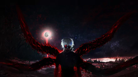 Ken Kaneki from Tokyo Ghoul stands menacingly with glowing eyes and red kagune wings spread wide in this dark, detailed 4K Ultra HD anime desktop wallpaper.