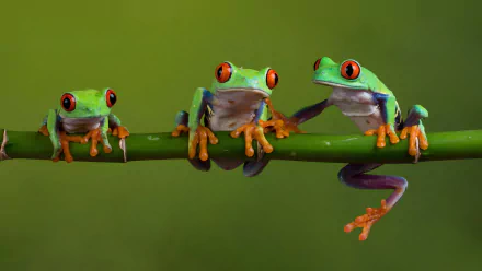 Three vibrant red-eyed tree frogs perched on a green branch against a blurred green background, captured in sharp detail for a 4K Ultra HD PC desktop wallpaper.