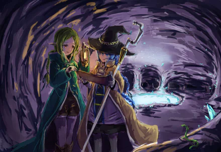 HD anime desktop wallpaper featuring Sylphiette and Roxy Migurdia from Mushoku Tensei: Jobless Reincarnation standing in a glowing cave environment.