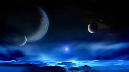 A stunning 4K Ultra HD Sci-Fi landscape featuring a blue planet and its moons set against the vastness of space, creating an otherworldly desktop wallpaper background.