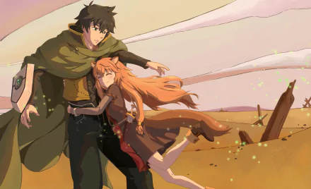 HD wallpaper of Naofumi Iwatani and Raphtalia from The Rising of the Shield Hero anime, featuring a dynamic pose in a desert-like setting.