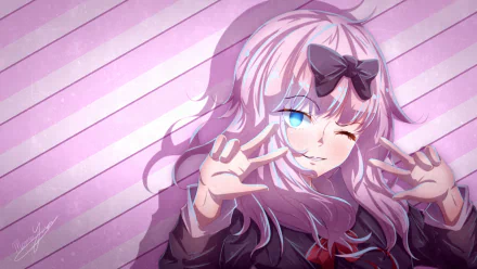 HD desktop wallpaper featuring Chika Fujiwara from the anime Kaguya-sama: Love is War. Chika is winking playfully with her hands in a peace sign against a pink striped background.