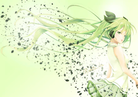 4K Ultra HD anime wallpaper featuring Hatsune Miku from Vocaloid with flowing green hair and a soft green background, blending digital particles in a dynamic design.