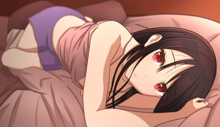 HD desktop wallpaper featuring Kaguya Shinomiya from Kaguya-sama: Love is War, lying on her side on a bed with a thoughtful expression.