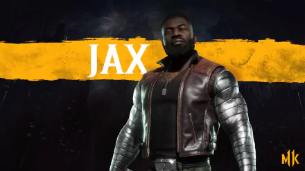HD PC desktop wallpaper featuring Jax from Mortal Kombat 11, showcasing his metallic arms and leather vest against a dark background with bold yellow accents.