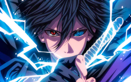 HD desktop wallpaper featuring Sasuke Uchiha from the anime Naruto, depicted with intense eyes and lightning effects.