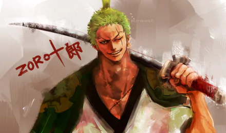 HD anime desktop wallpaper featuring Roronoa Zoro from One Piece, wielding a sword with a confident expression and his name written beside him.